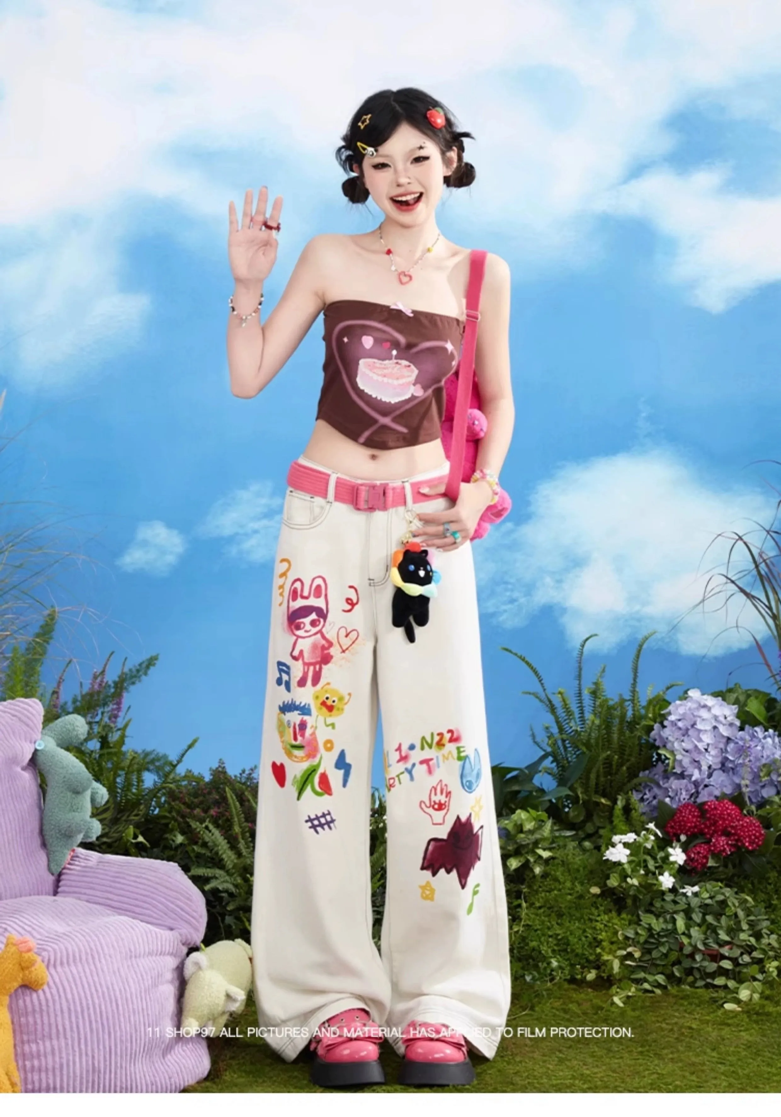 11SH97 Playful Graffiti Wide-Leg Jeans