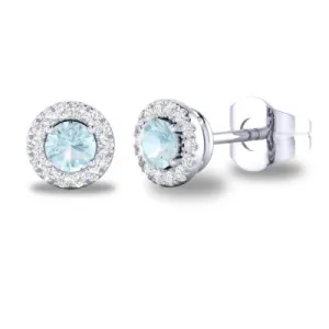 14K W Gold 0.10cttw Diamond 0.30cttw Aquamarine Round Halo Earrings