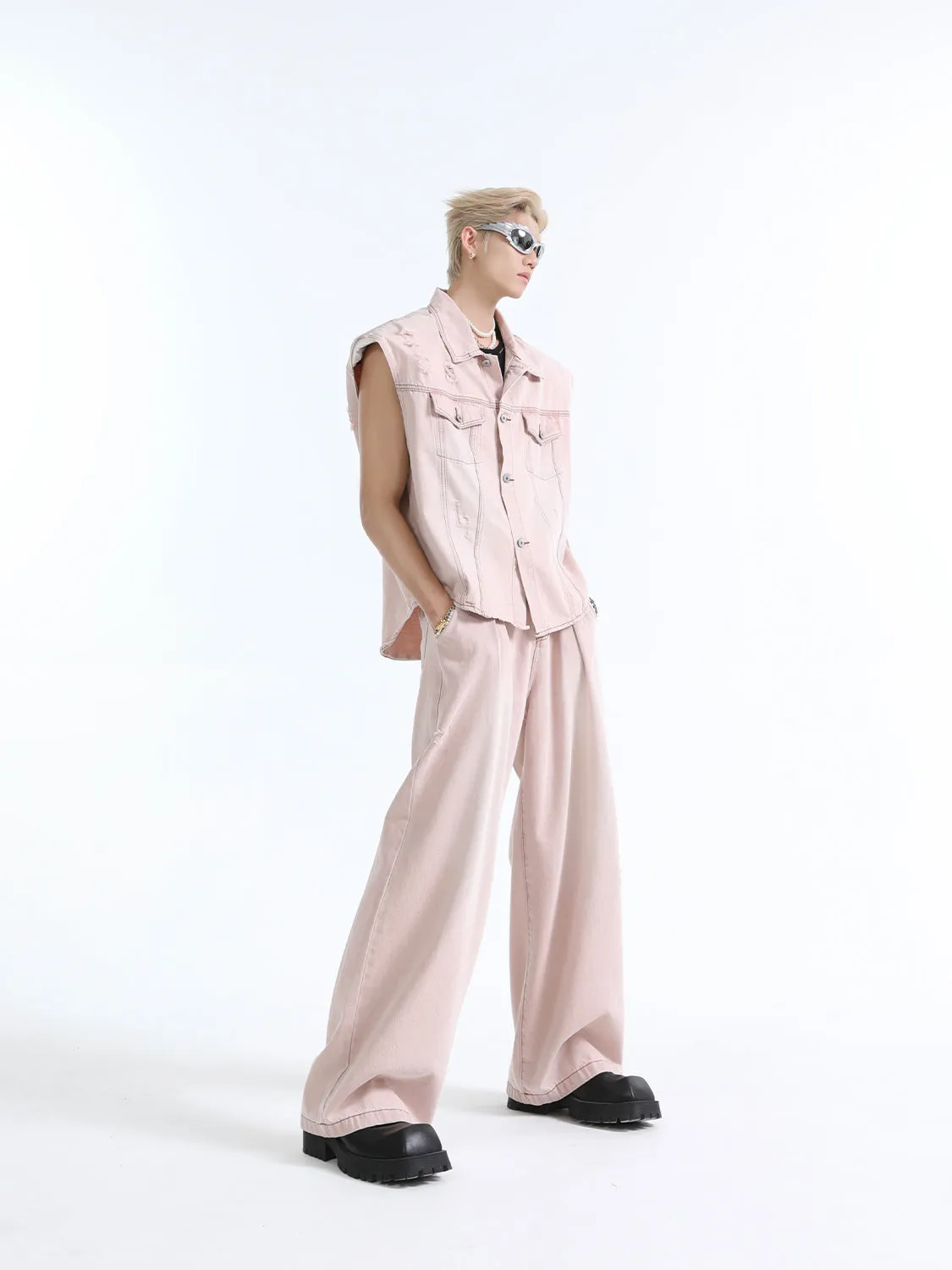 【24s July.】"Ken" Deconstructed Sleeveless Denim Short Sleeve   Jeans Suit