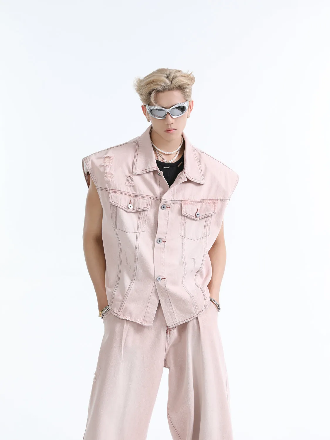 【24s July.】"Ken" Deconstructed Sleeveless Denim Short Sleeve   Jeans Suit