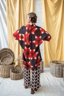 Ajrakh Clamp Dyed Modal Silk Oversized Shirt Fire Red on Black Natural