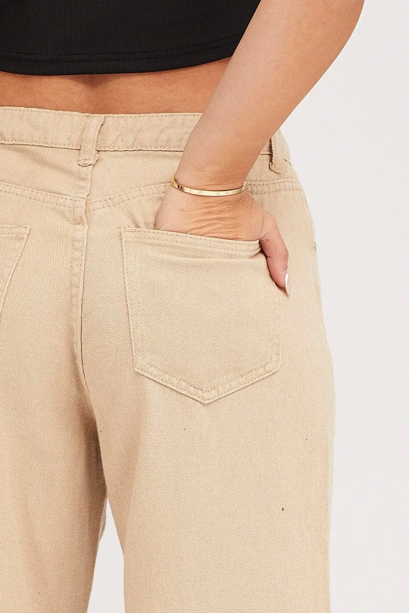 Beige Wide Leg Denim Jeans High Rise