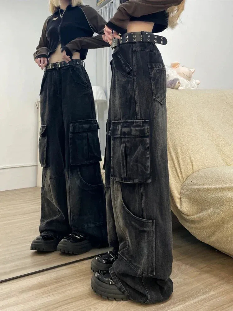 Black Cargo Jeans Women Baggy Pocket Slouchy Wide Leg Denim Pants