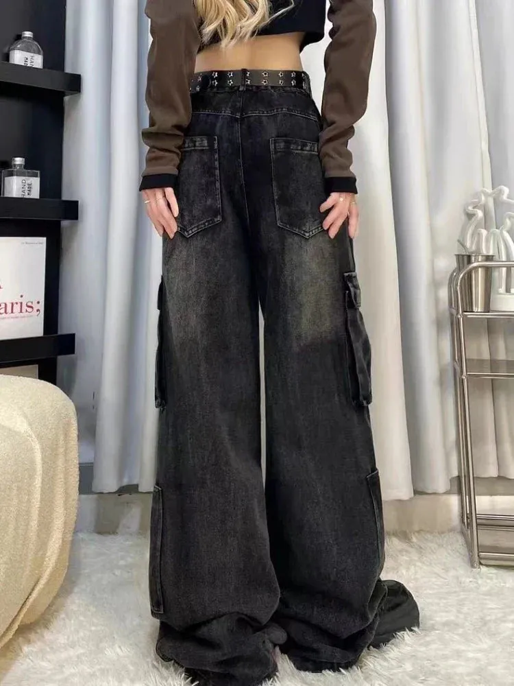 Black Cargo Jeans Women Baggy Pocket Slouchy Wide Leg Denim Pants