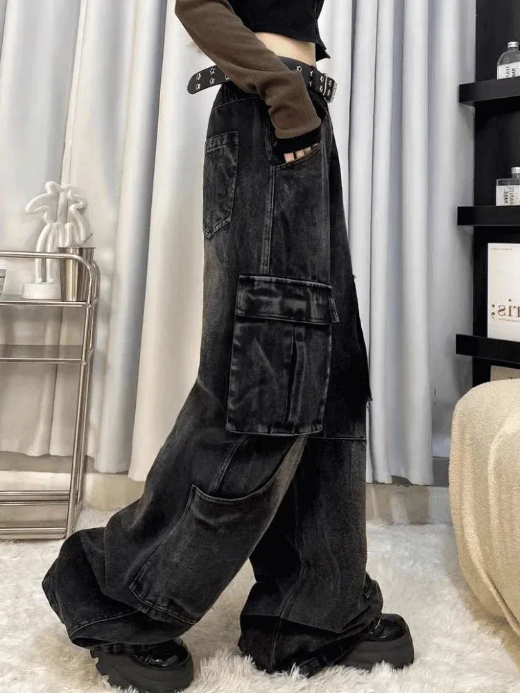 Black Cargo Jeans Women Baggy Pocket Slouchy Wide Leg Denim Pants