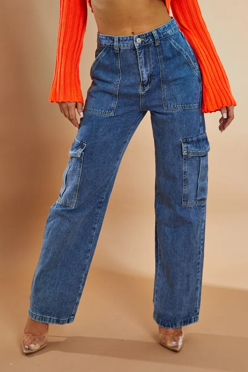 Blue Cargo Pocket Wide Leg Jeans - Dale