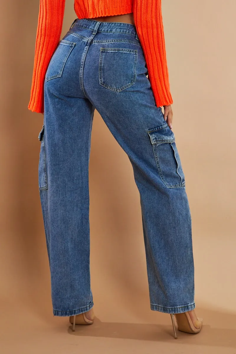 Blue Cargo Pocket Wide Leg Jeans - Dale