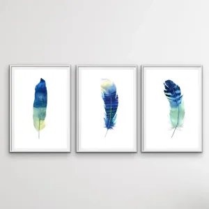 Blue Feather Watercolour Wall Art Prints - Three Piece Art Print Set Triptych