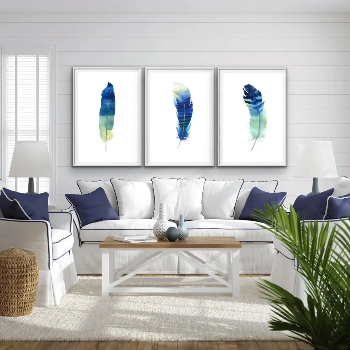 Blue Feather Watercolour Wall Art Prints - Three Piece Art Print Set Triptych