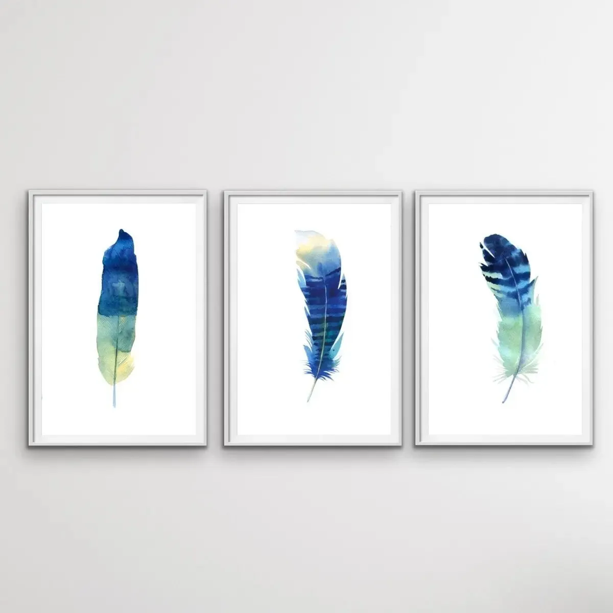 Blue Feather Watercolour Wall Art Prints - Three Piece Art Print Set Triptych