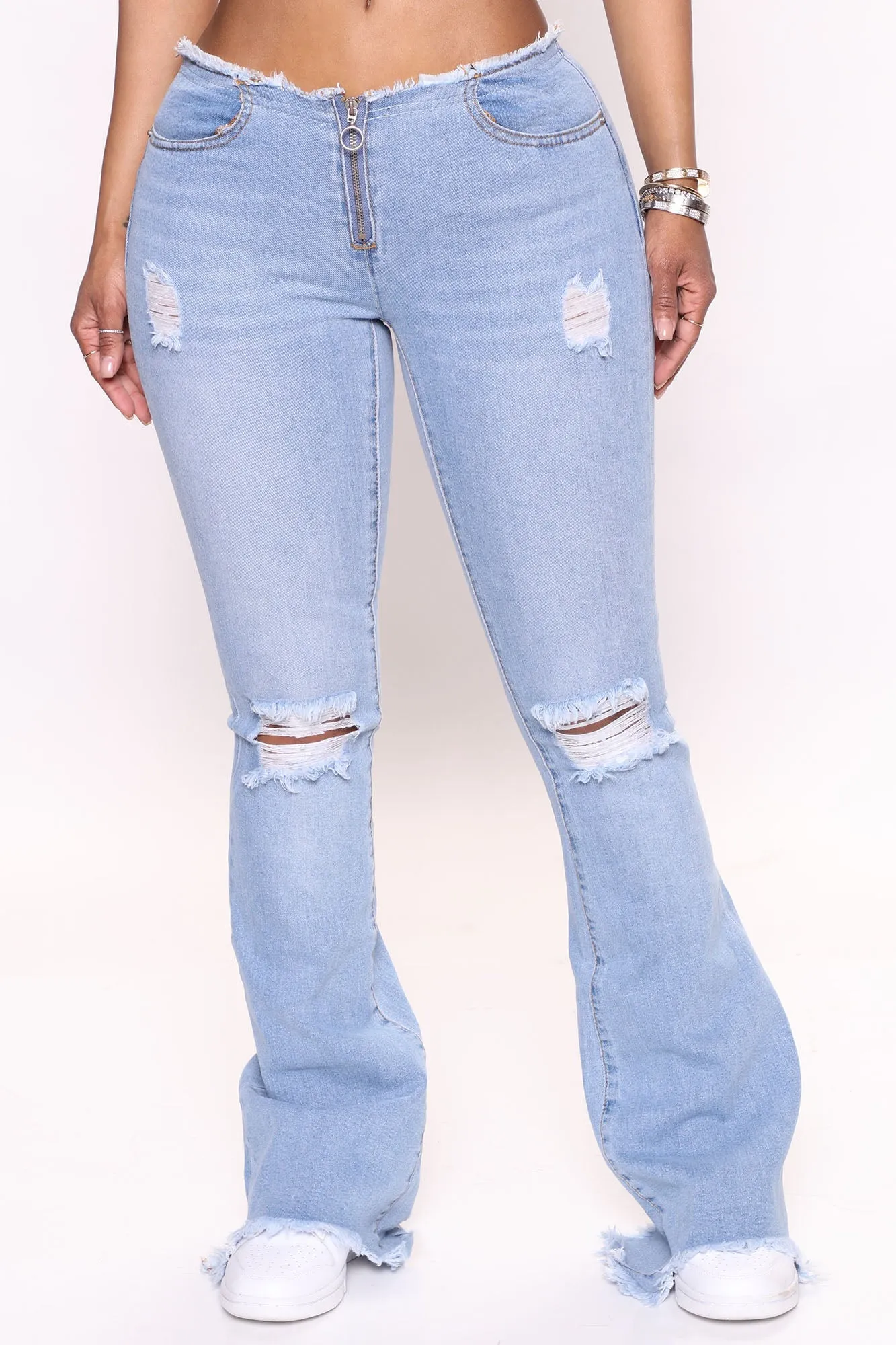 Britney Low Rise Ripped Flared Jeans - Light Blue Wash