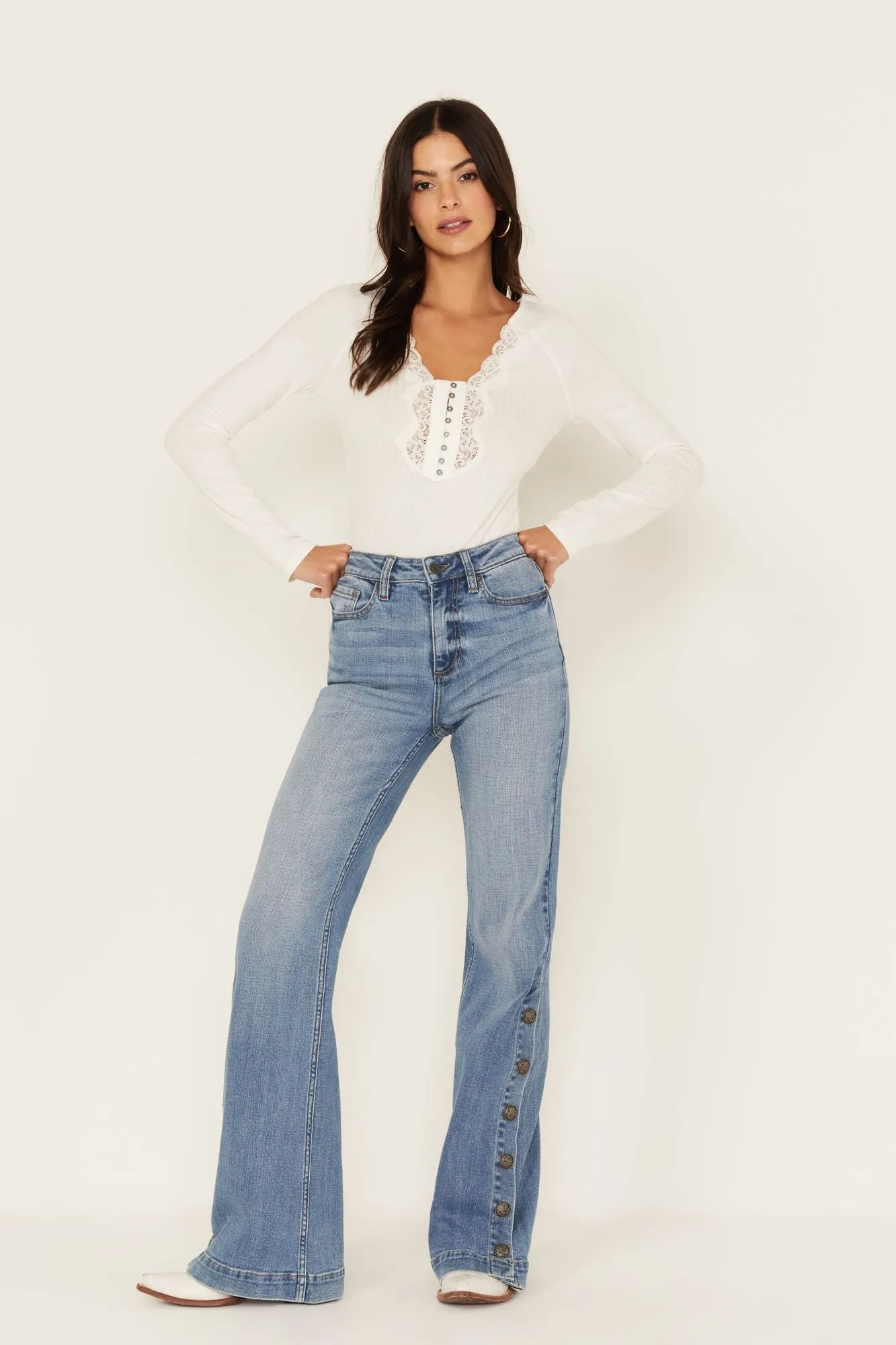 Burch Light Wash High Risin Snap Trouser Jeans