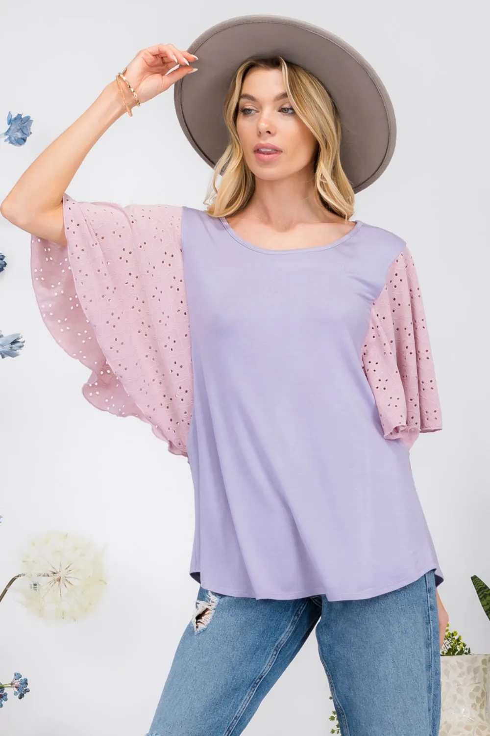 Celeste Full Size Contrast Eyelet Ruffle Sleeve Blouse