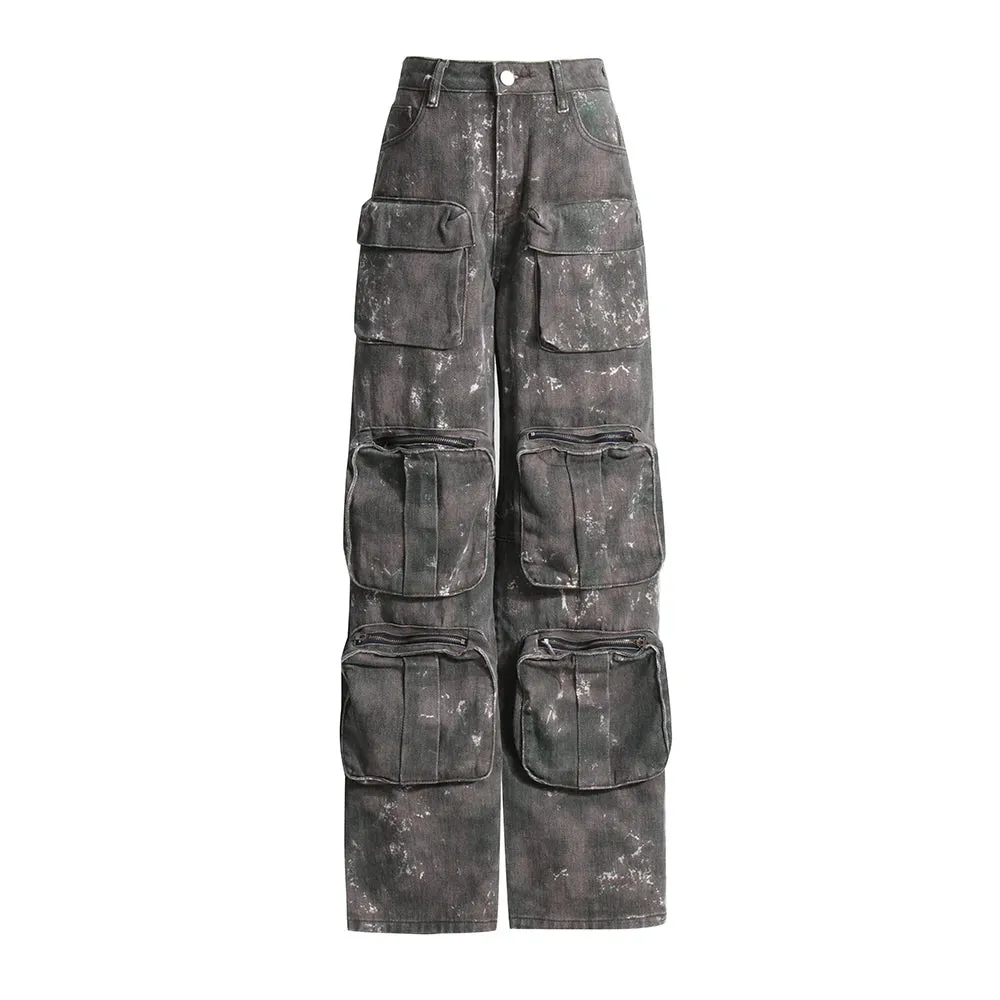 Denim Loose Cargo Pants For Women High Waist Patchwork Pocket Casual Camouflage  Jeans Female Fashion Autumn