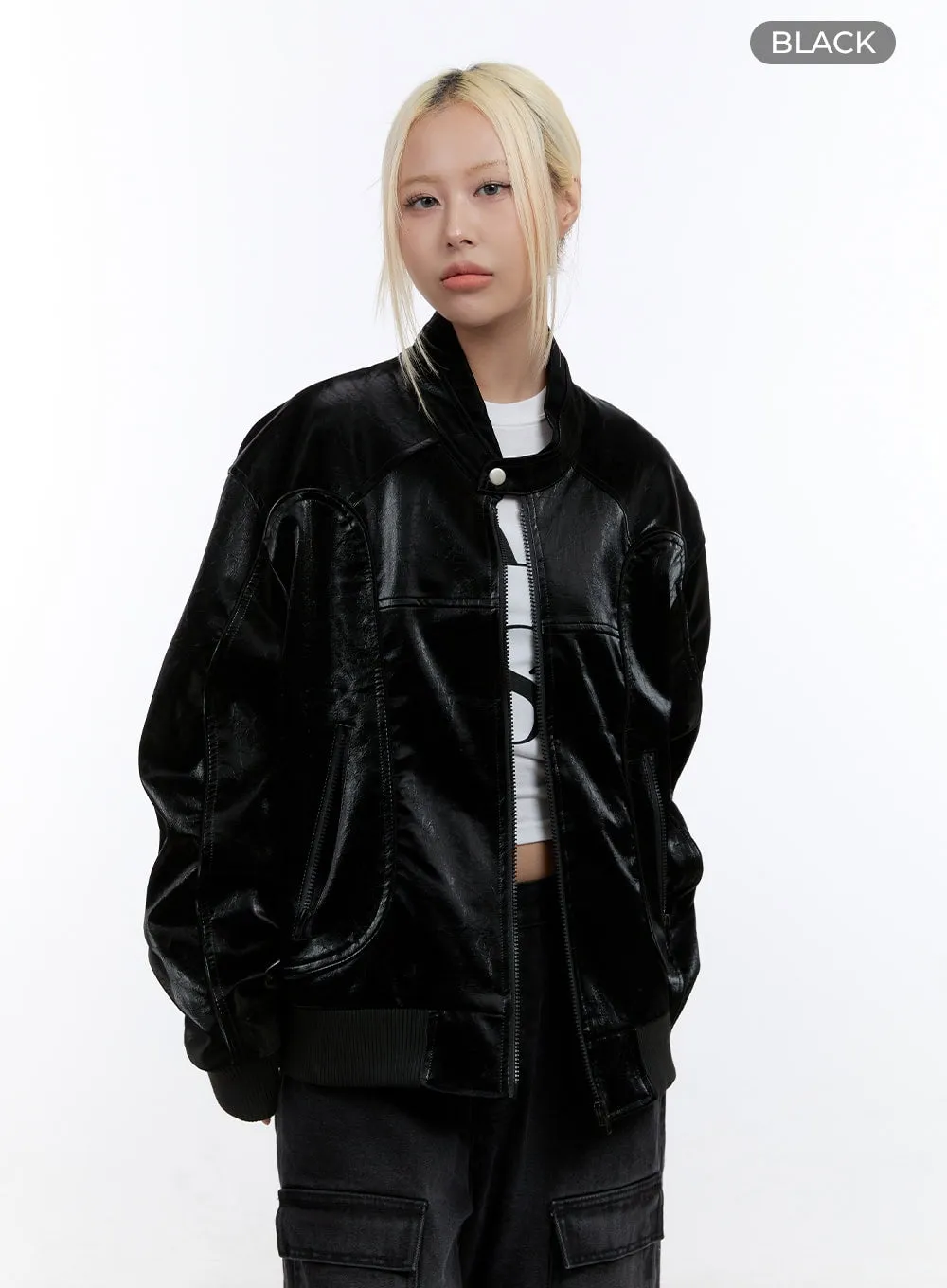 Edgy Oversized Faux Leather Jacket CO423