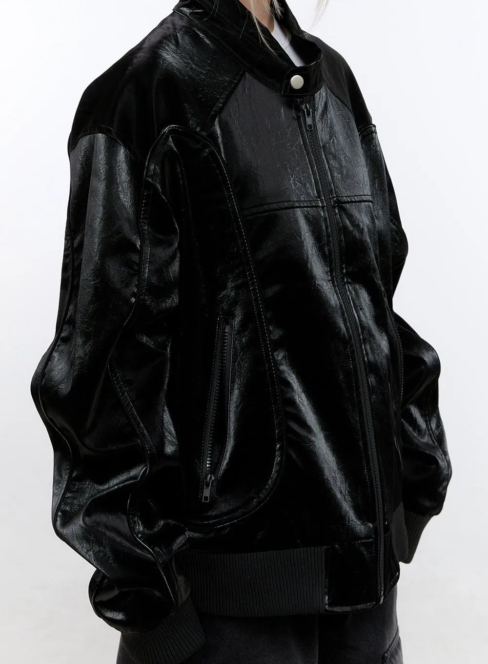 Edgy Oversized Faux Leather Jacket CO423