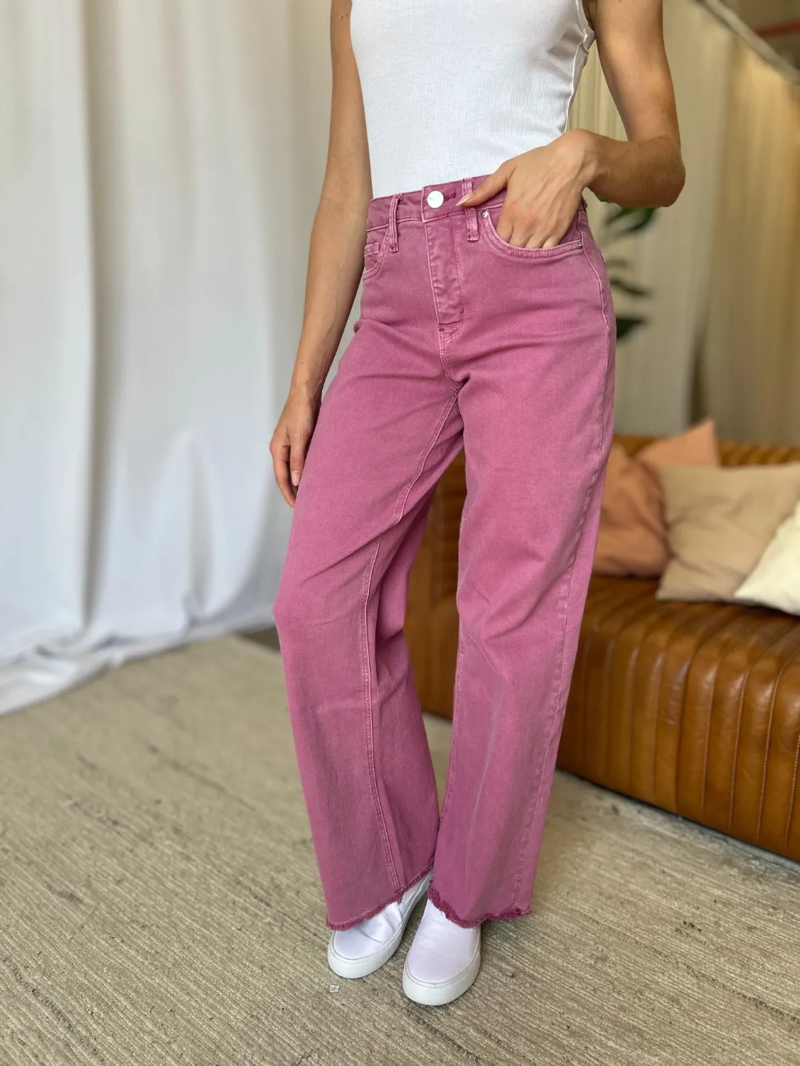 Full Size High Rise Garment Dye Wide Leg  Jeans