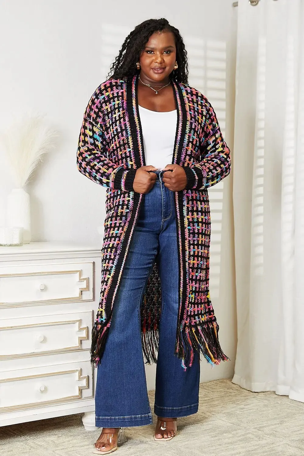 Full Size Multicolored Open Front Fringe Hem Cardigan