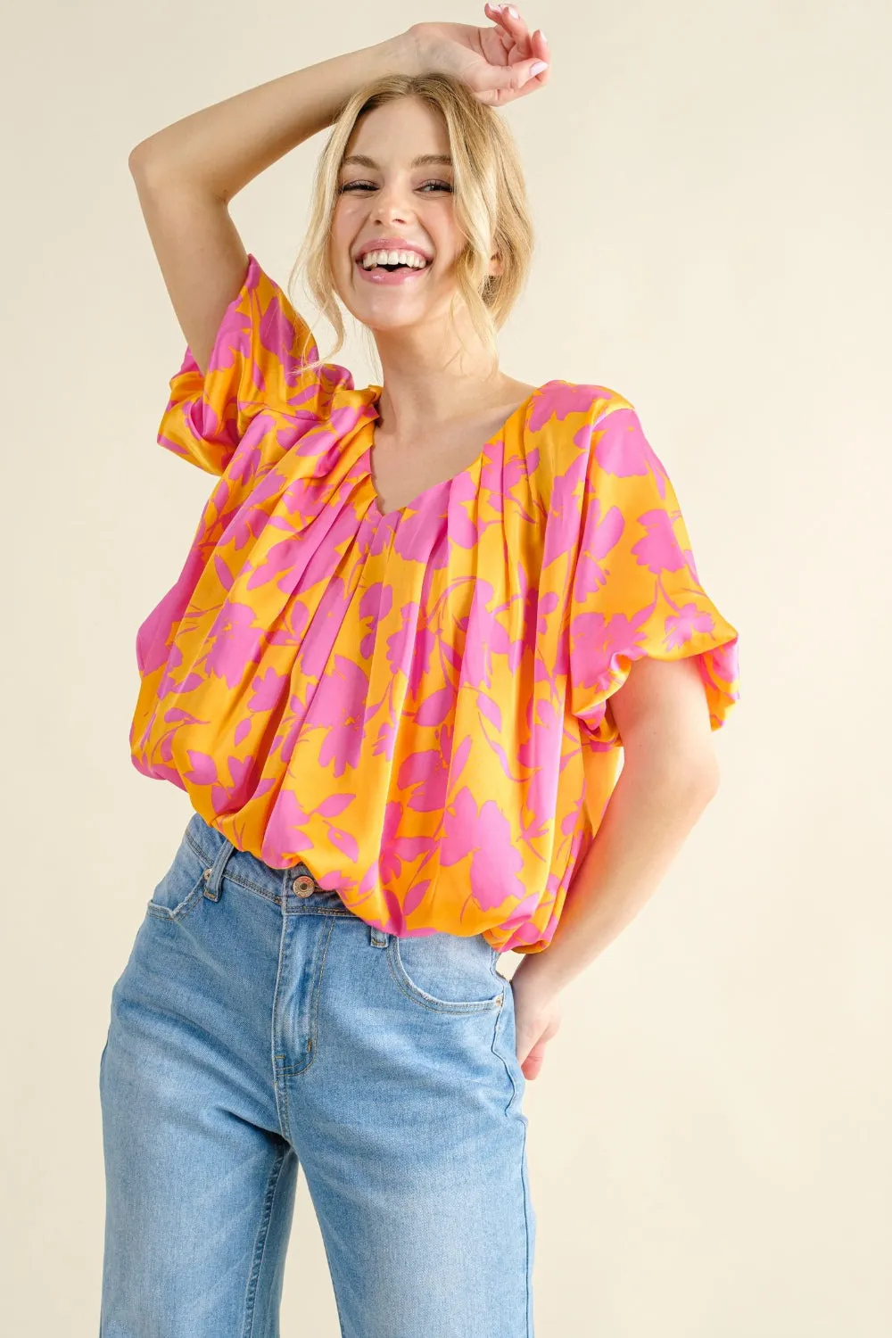 Full Size Printed Satin Bubble Hem Top