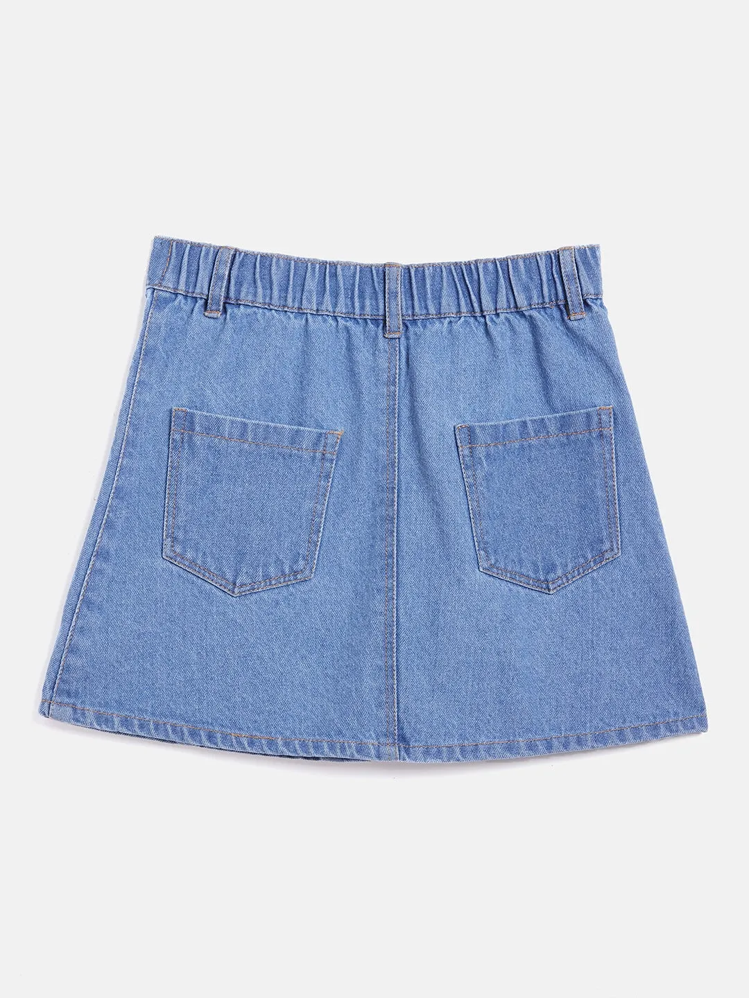 Girls Ice Blue Flower Print Denim Mini Skirt