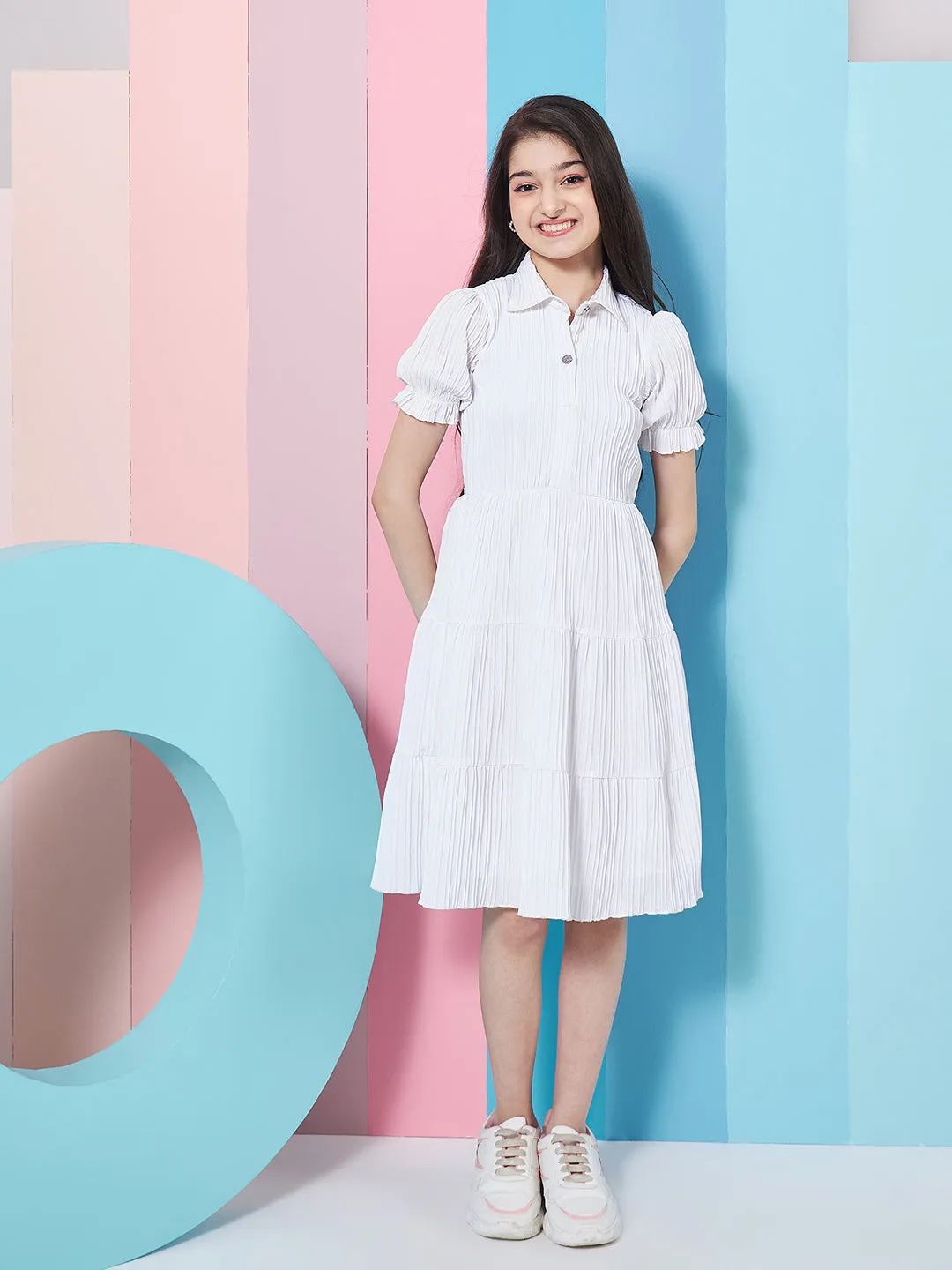 Girls Puff Sleeves Fit Flare Dress