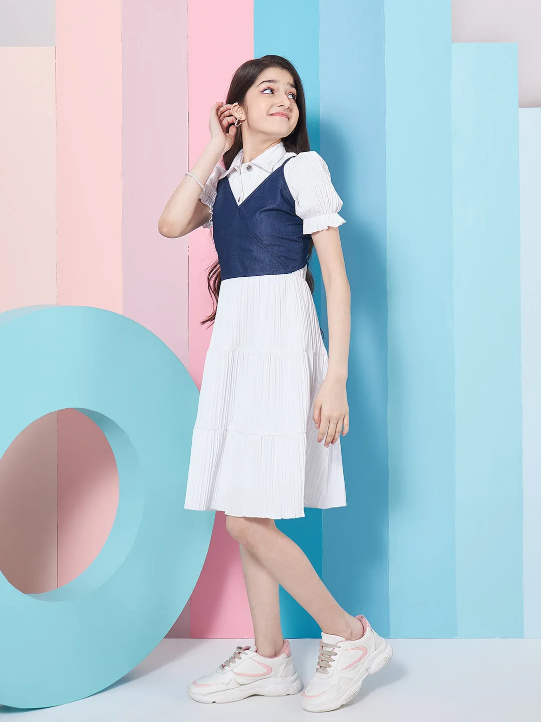 Girls Puff Sleeves Fit Flare Dress