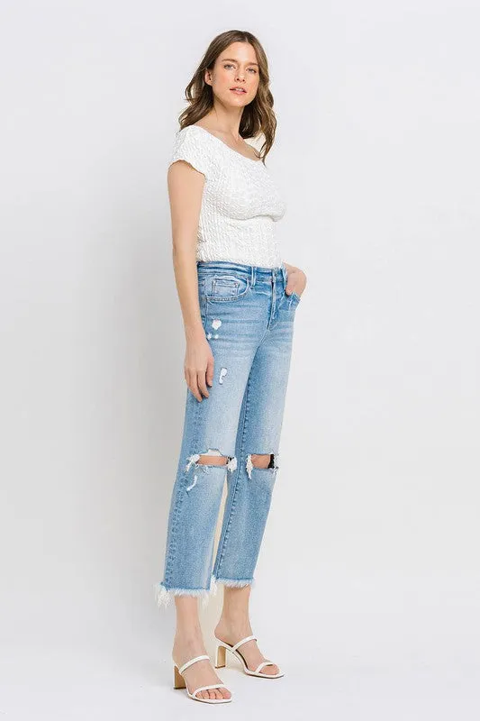 High Rise Frayed Hem Crop Straight Jeans