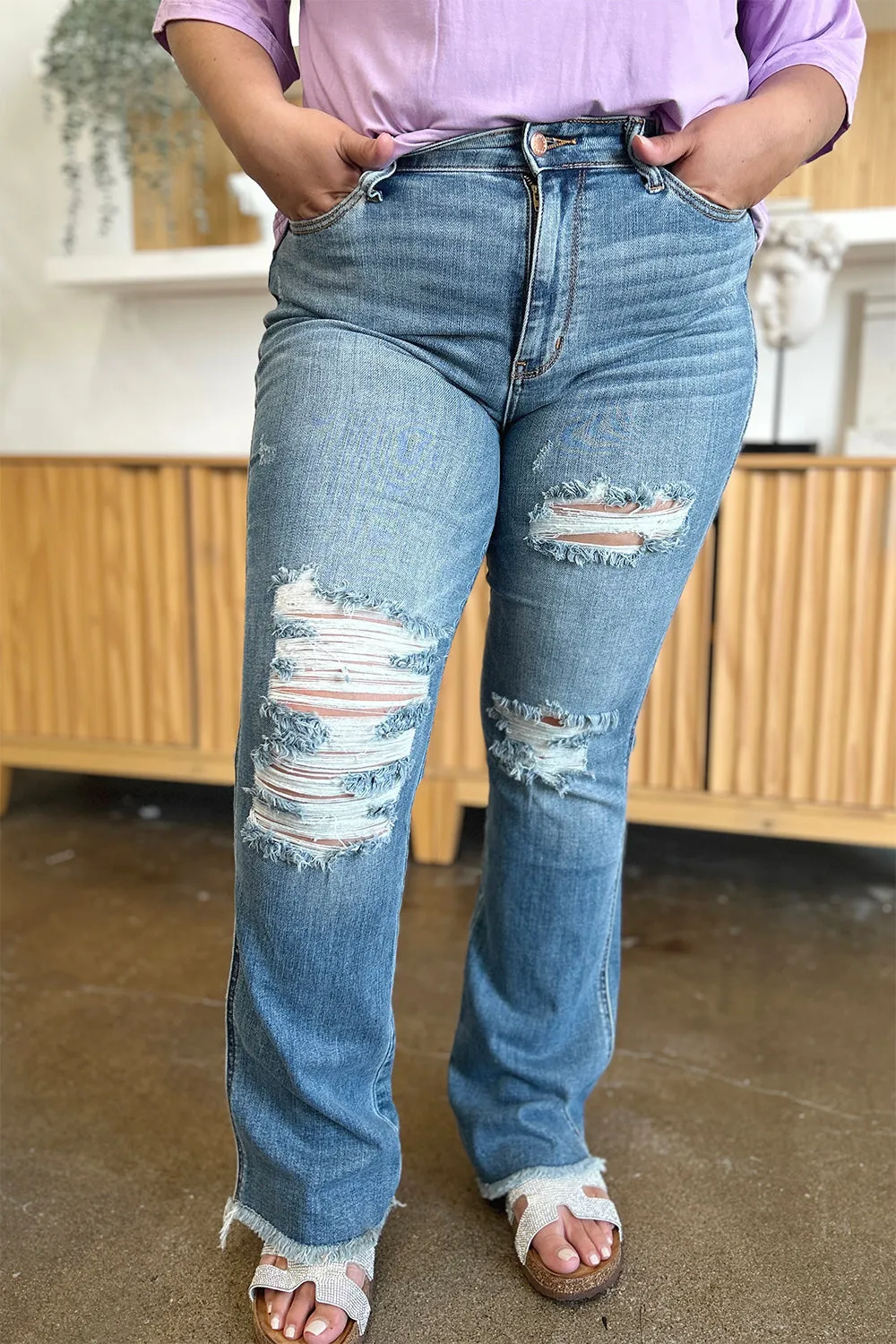 Judy Blue Distressed Raw Hem Bootcut Jeans [Online Exclusive]