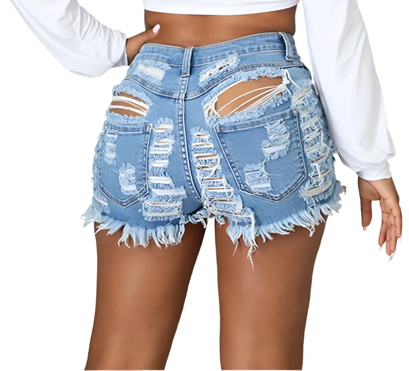 Light Blue Ripped Cut Out Denim Shorts with Tassel Women Streetwear High Waist Jeans