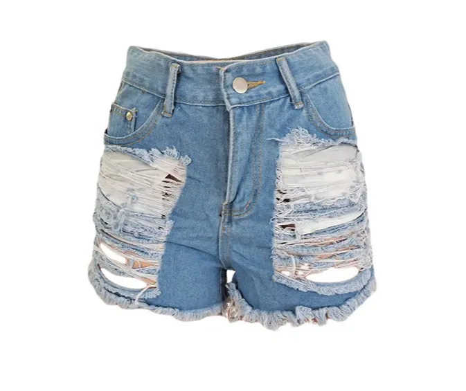 Light Blue Ripped Cut Out Denim Shorts with Tassel Women Streetwear High Waist Jeans