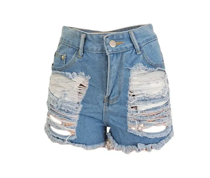 Light Blue Ripped Cut Out Denim Shorts with Tassel Women Streetwear High Waist Jeans