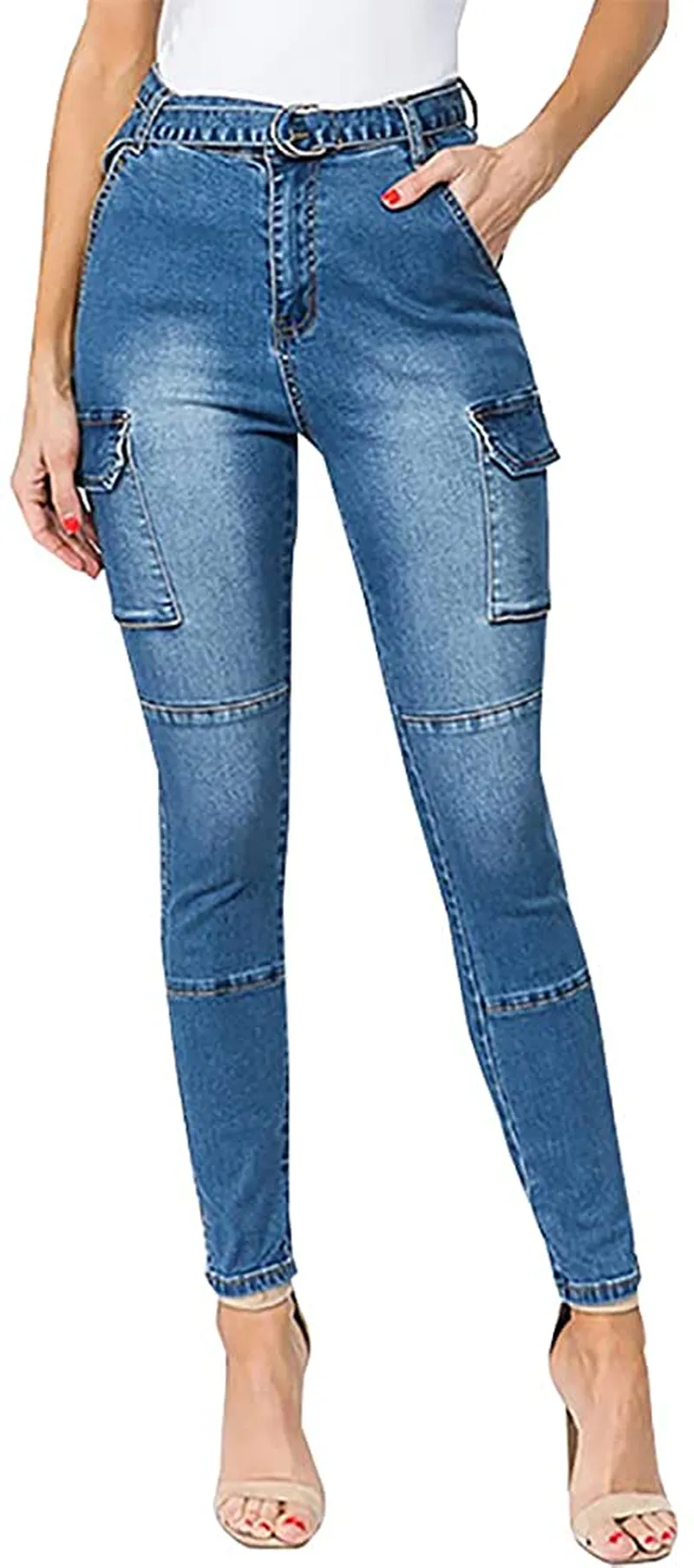 LONGBIDA High Waisted Pull On Stretch Denim Skinny Cargo Jeans for Women