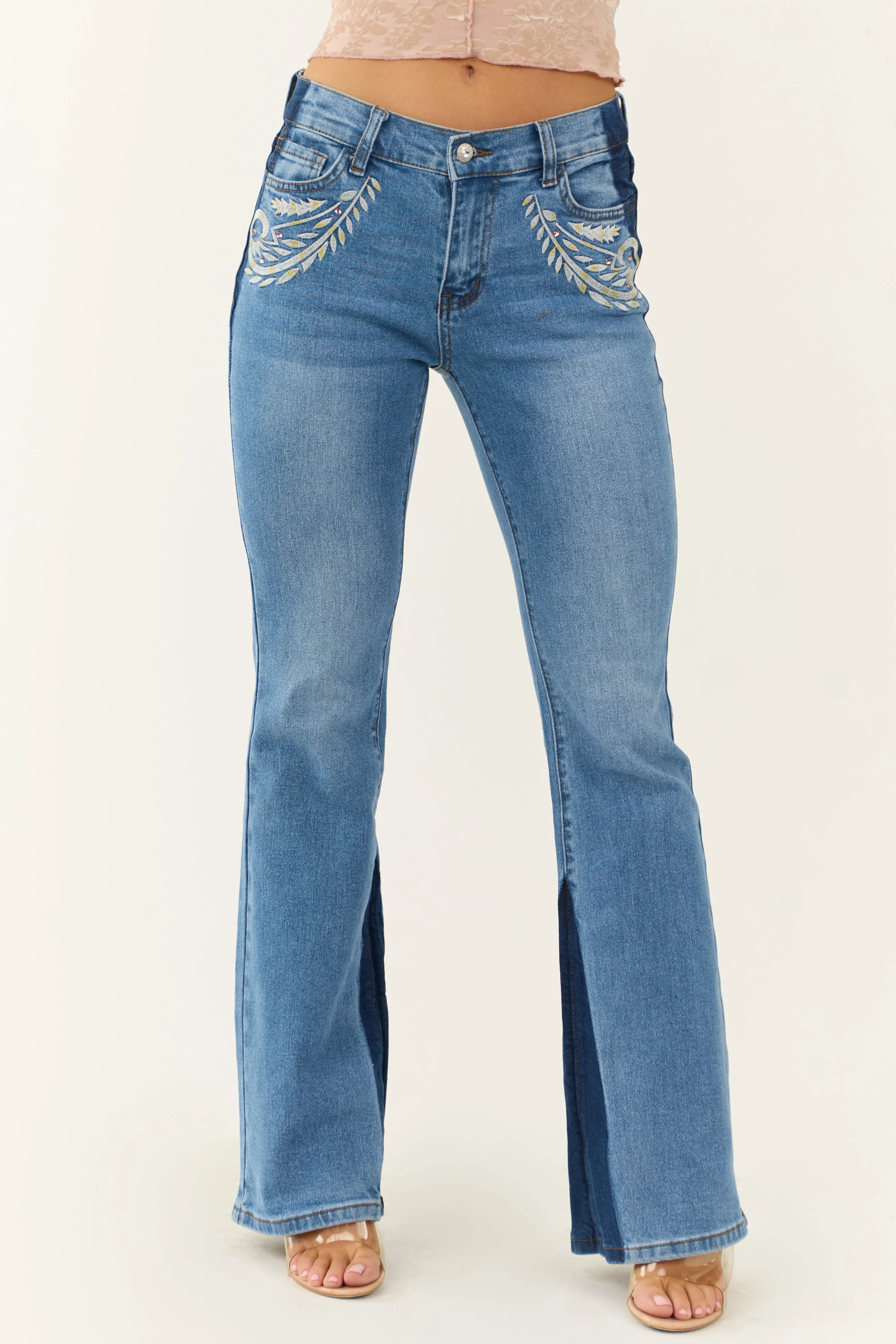 Medium Wash Embroidered Western Bootcut Jeans