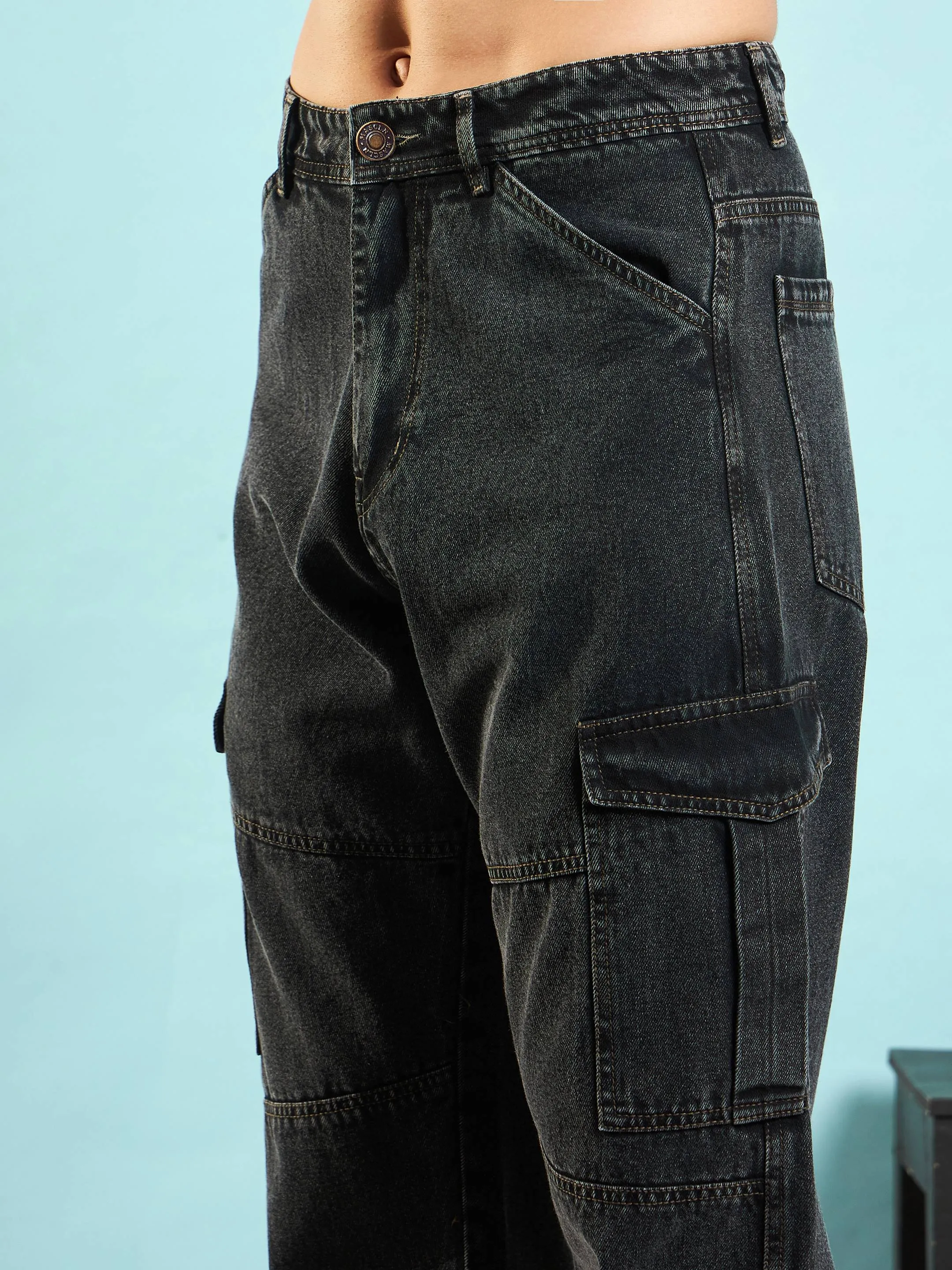 Men Black Front Detail Cargo Pocket Jeans