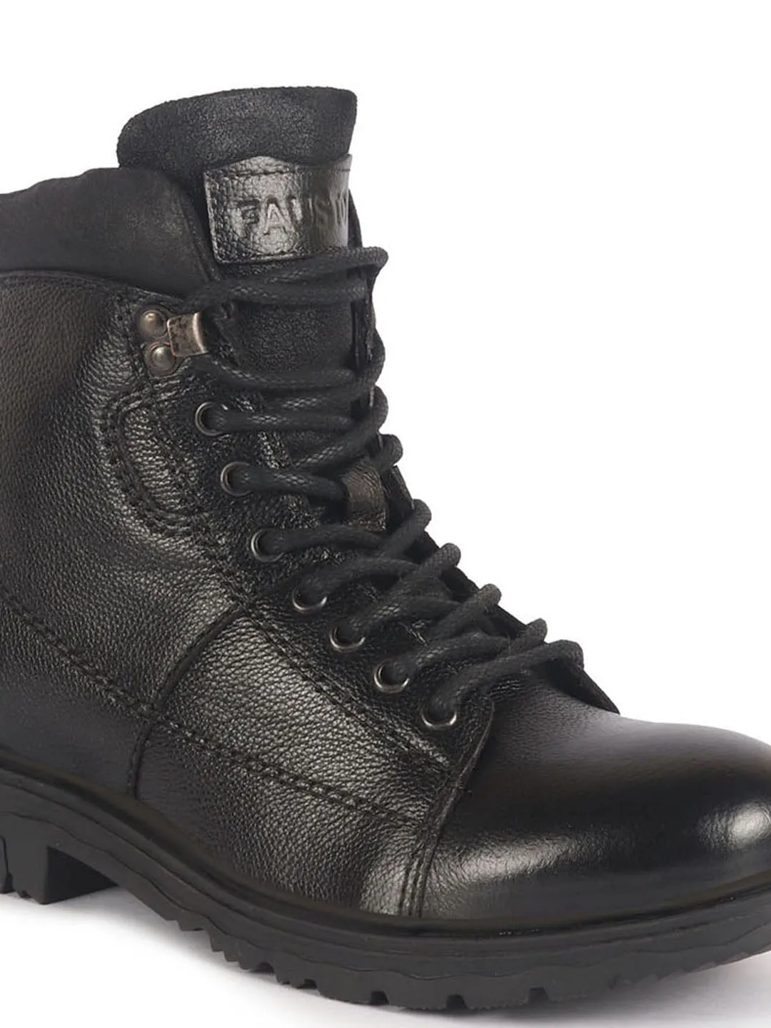 Men Black Genuine Leather 7-Eye Lace Up Biking Boots with Memory Cushion Footbed|Slip Resistant Boots|Mid Top Boots