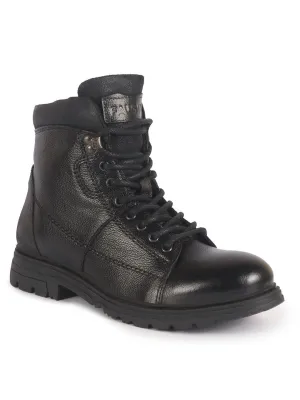 Men Black Genuine Leather 7-Eye Lace Up Biking Boots with Memory Cushion Footbed|Slip Resistant Boots|Mid Top Boots