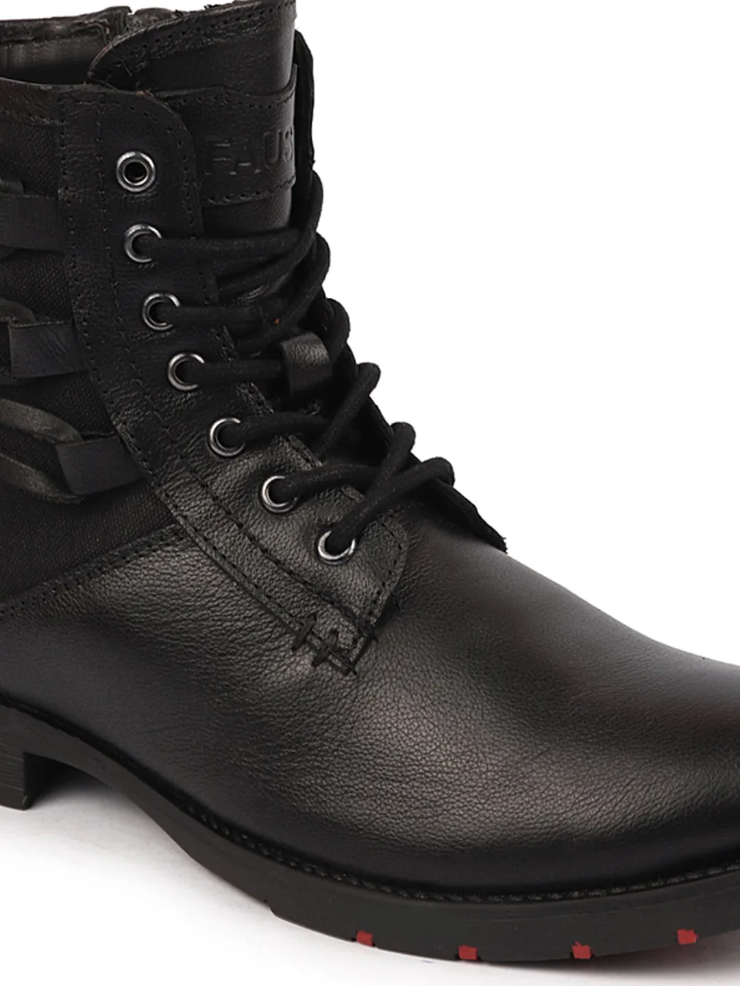 Men Black High Ankle Genuine Leather Side Zipper 7-Eye Lace Up Classic Hiking Flat Boots