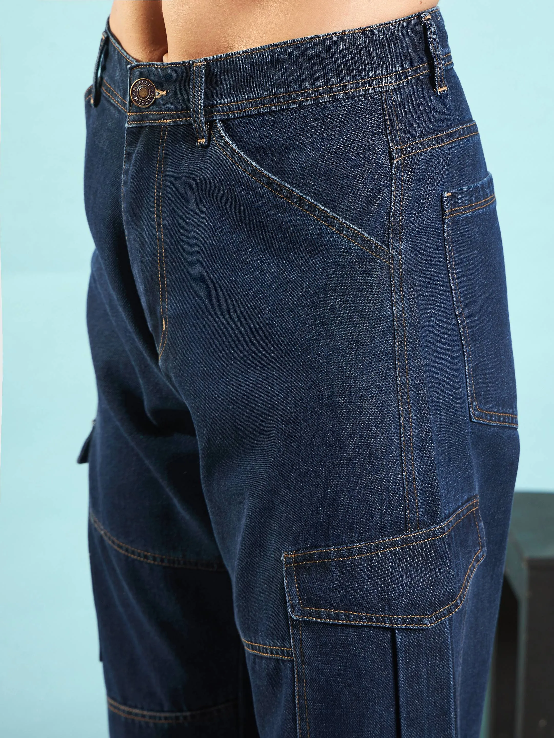 Men Blue Front Detail Cargo Pocket Jeans