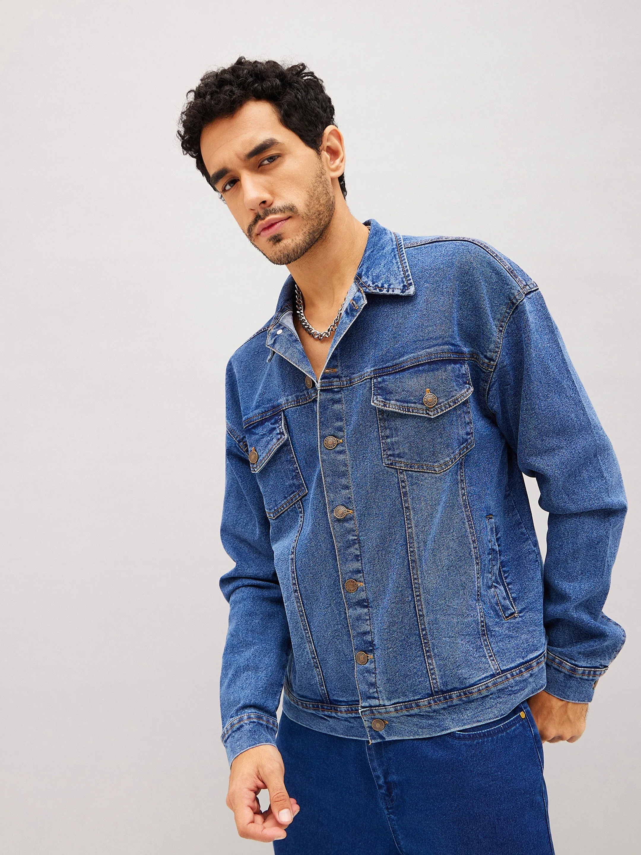 Men Blue Relax Fit Denim Jacket