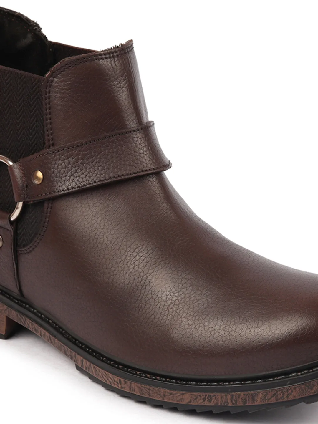 Men Brown High Ankle Genuine Leather Side Ring Buckle Design Slip On Chelsea Work Boots