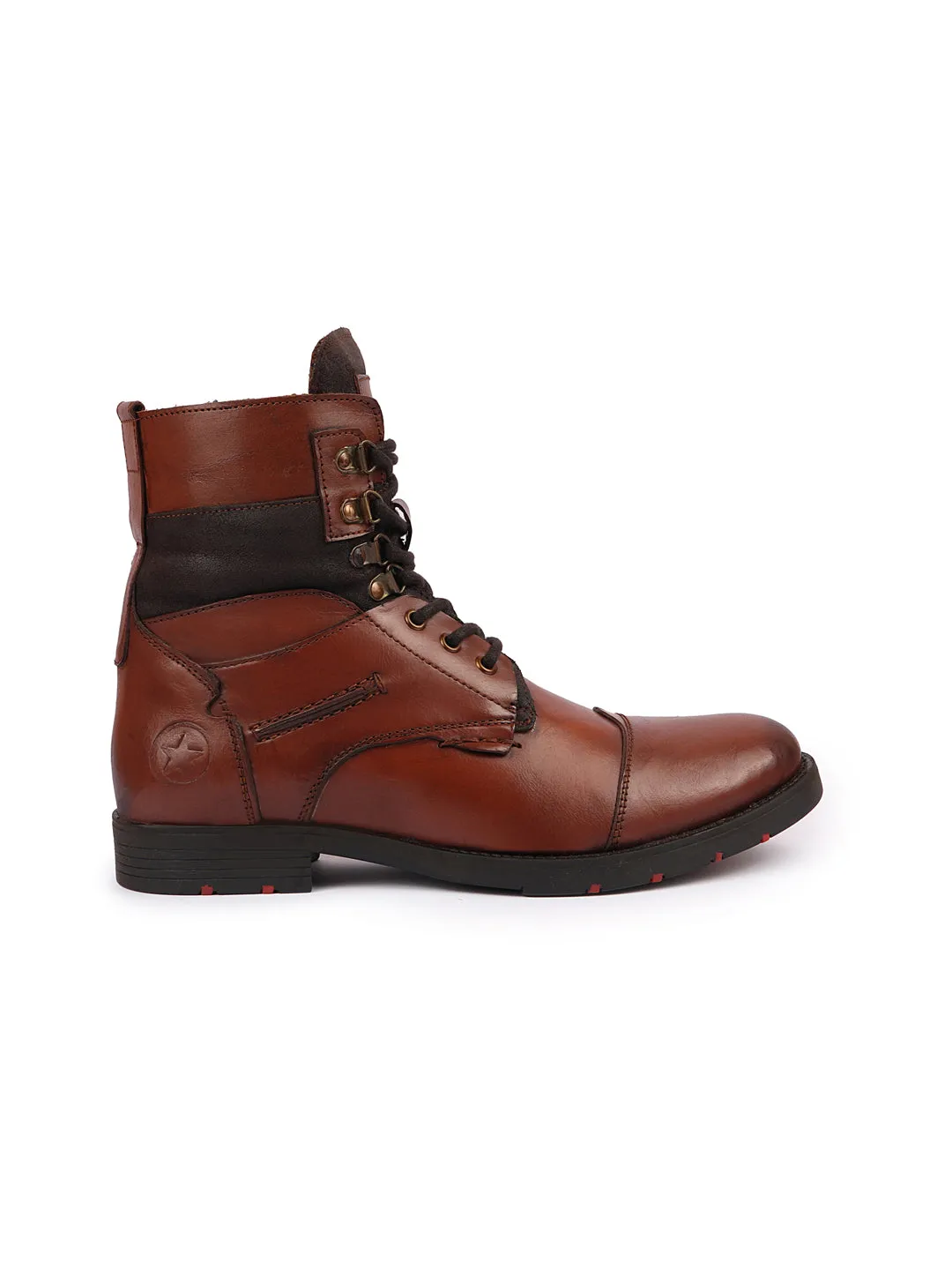 Men Tan High Ankle Genuine Leather Hook and 3-Eye Lace Up Side Zipper Cap Toe Stitched Biker Boots