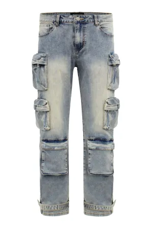 Men's Baggy Fit Multi Pocket Cargo Denim Jeans