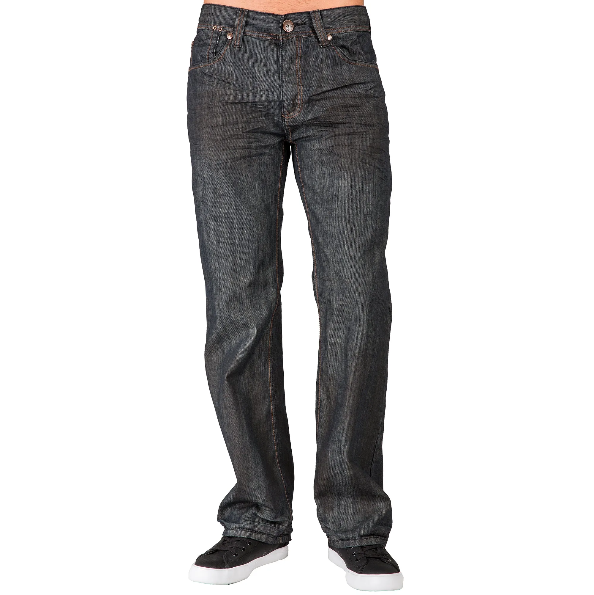 Midrise Relaxed Bootcut Dark Premium Denim 5 pocket Jeans Oil Stain Coating & Whiskering