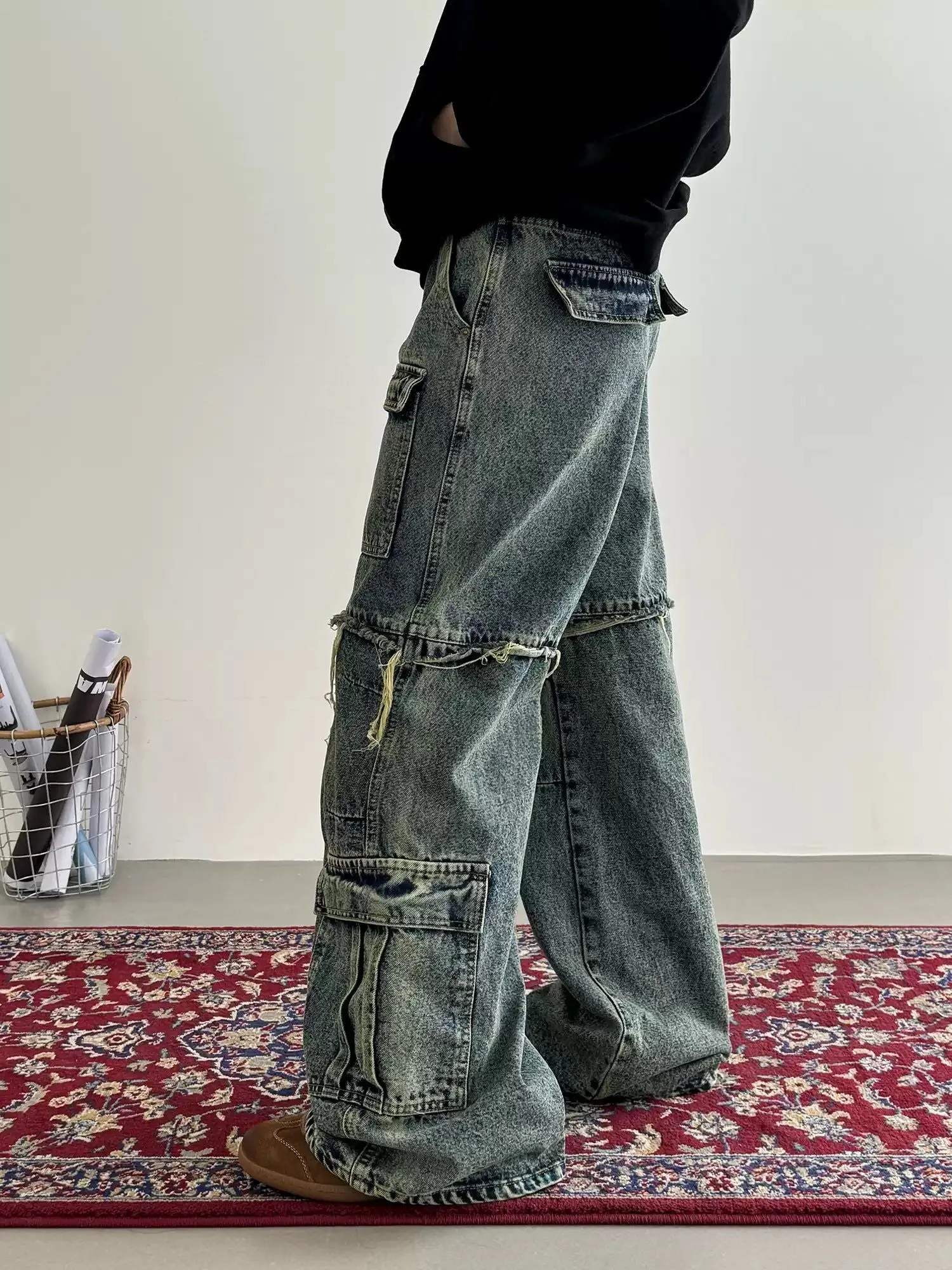 Nine Multi-Pocket Raw Edge Cargo Jeans