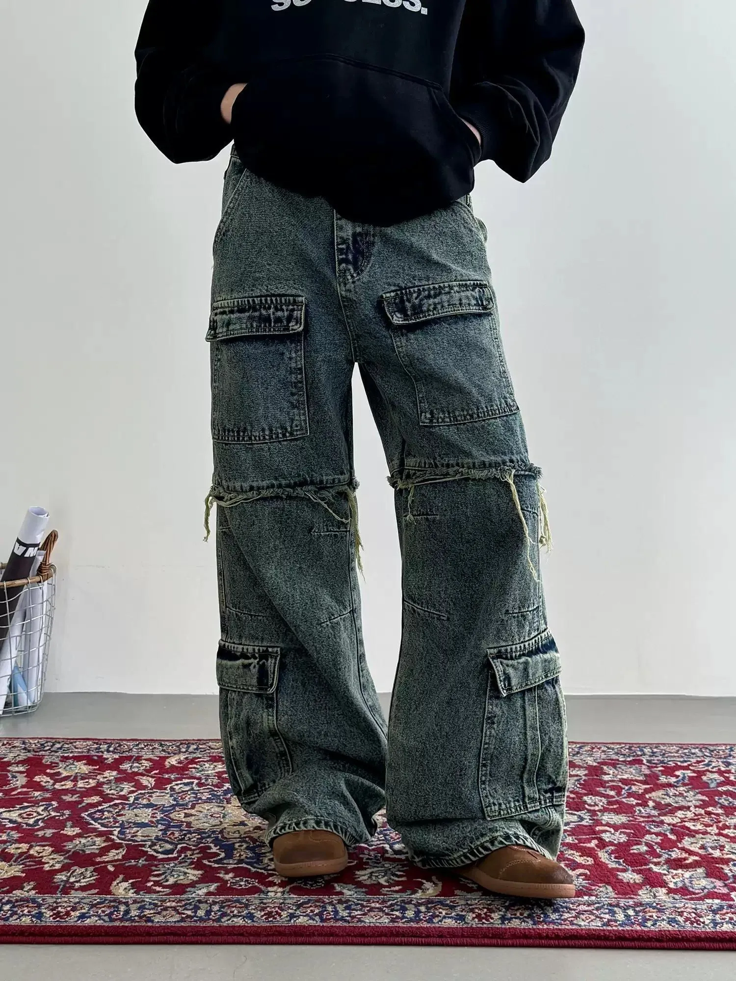 Nine Multi-Pocket Raw Edge Cargo Jeans