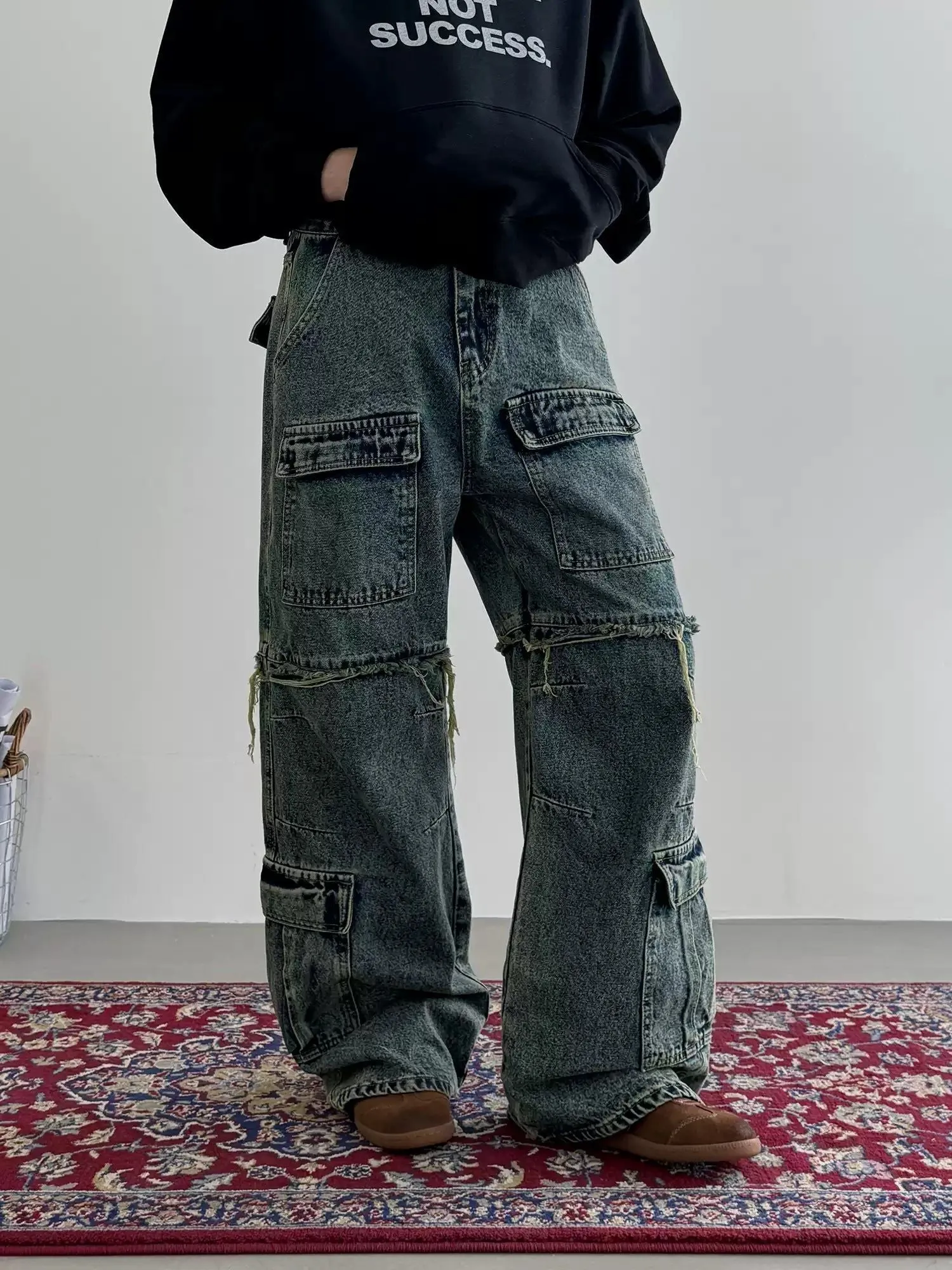 Nine Multi-Pocket Raw Edge Cargo Jeans