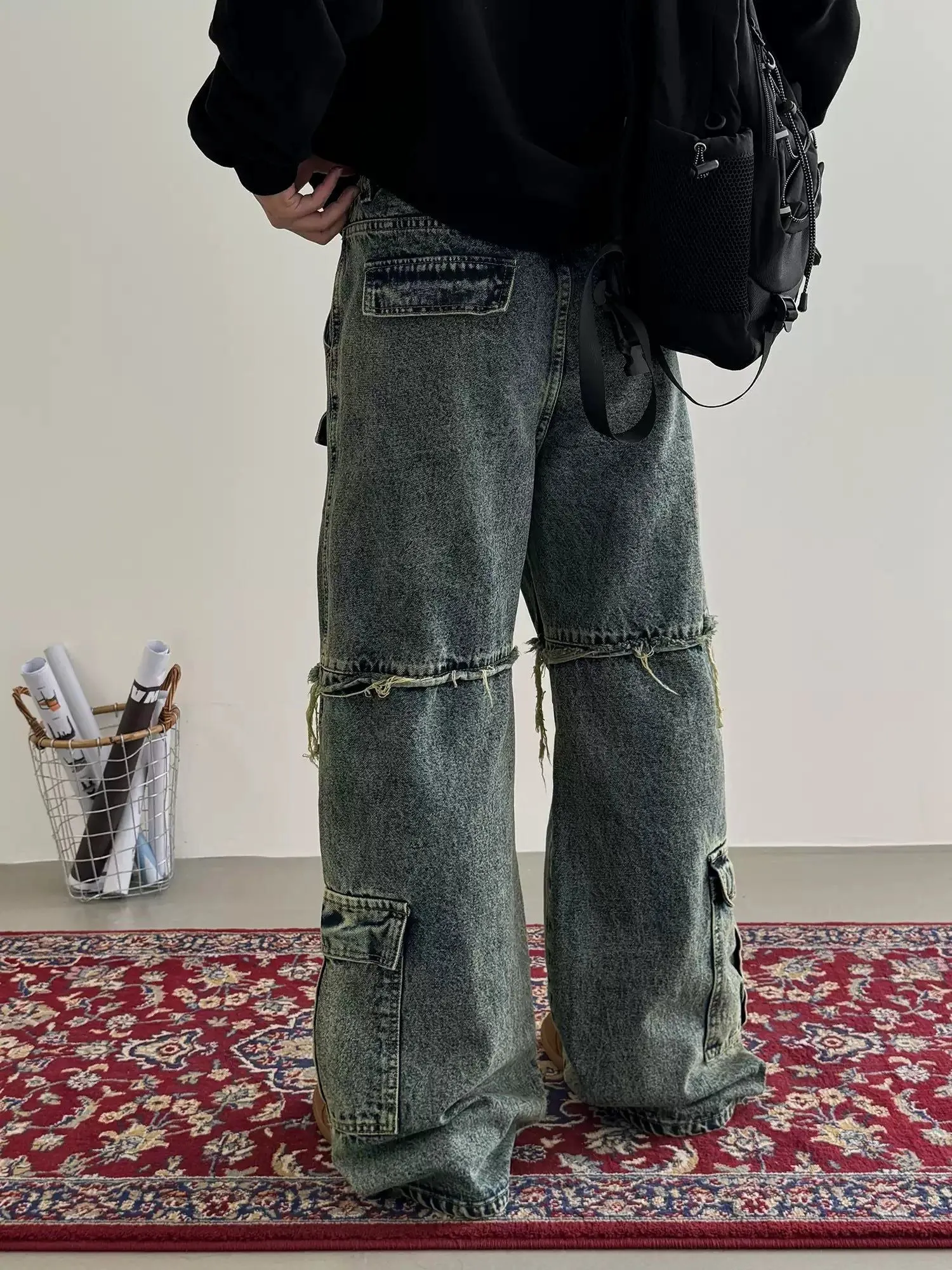 Nine Multi-Pocket Raw Edge Cargo Jeans