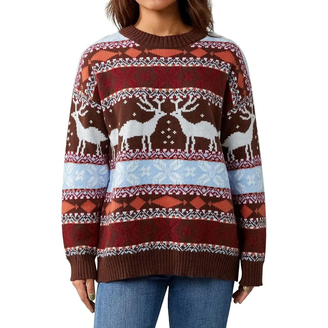 Nordic Fair Isle Crew Neck Oversized Christmas Pullover Sweater - Brown