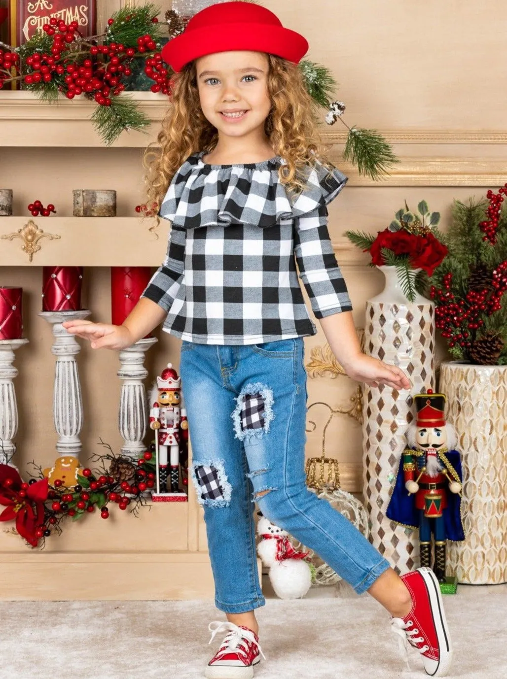 Playful Plaid Patched Jeans Set