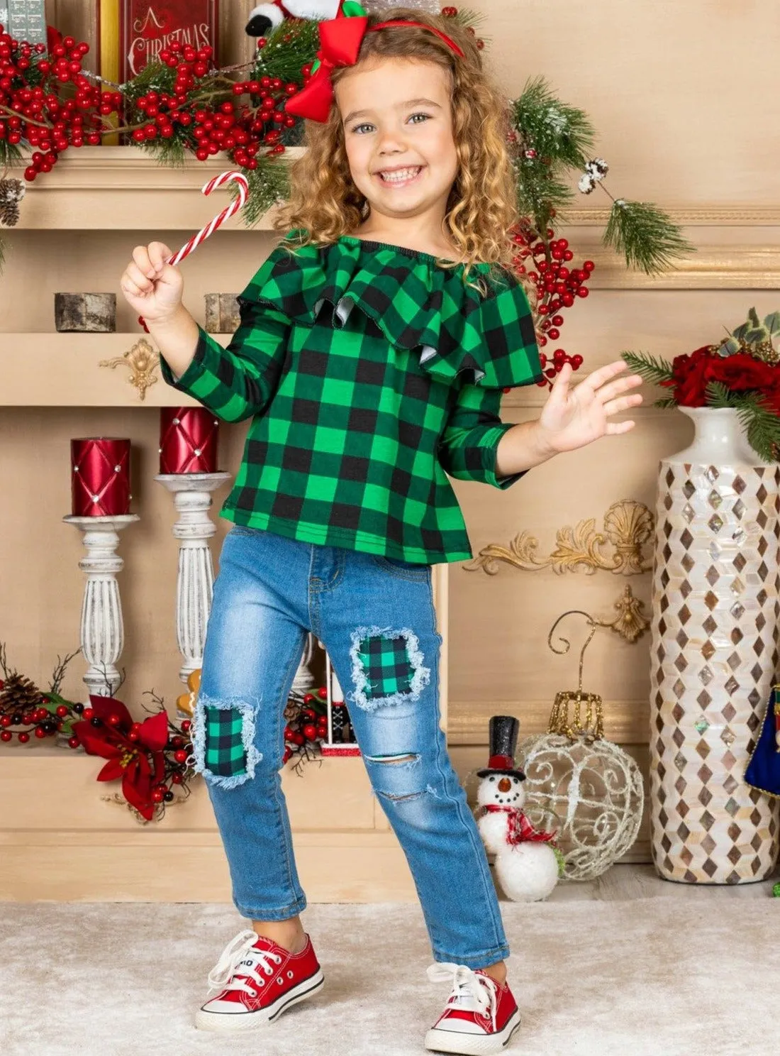 Playful Plaid Patched Jeans Set